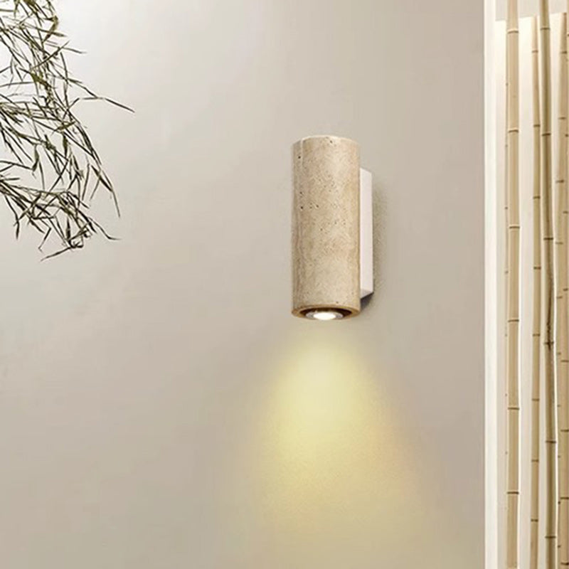 Traditional Japanese Rectangular Column Wood Stone 1-Light Wall Sconce Lamp For Living Room