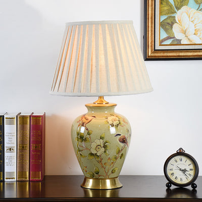 Traditionelle chinesische Trommel Keramik Stoff 1-Licht Tischlampe für das Wohnzimmer 