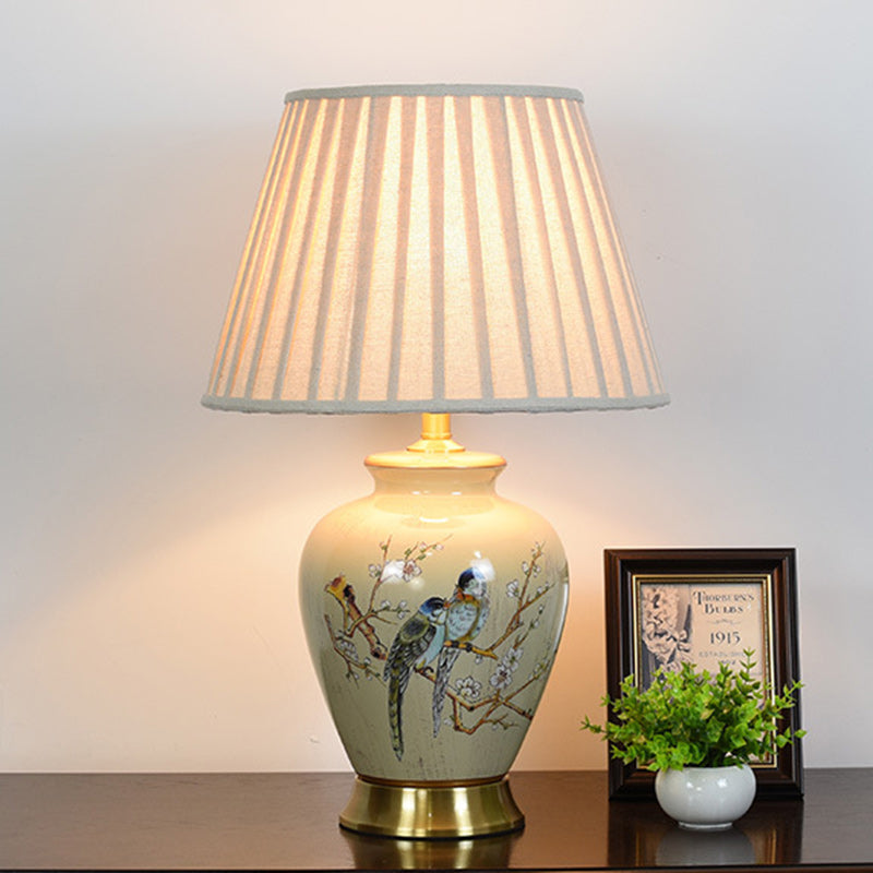 Traditionelle chinesische Trommel Keramik Stoff 1-Licht Tischlampe für das Wohnzimmer 