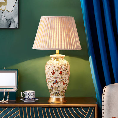 Traditionelle chinesische Trommel Keramik Stoff 1-Licht Tischlampe für das Schlafzimmer 