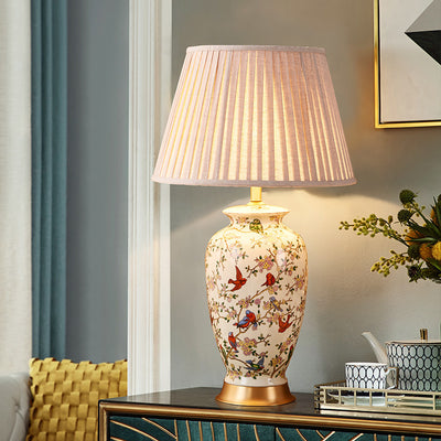 Traditionelle chinesische Trommel Keramik Stoff 1-Licht Tischlampe für das Schlafzimmer 