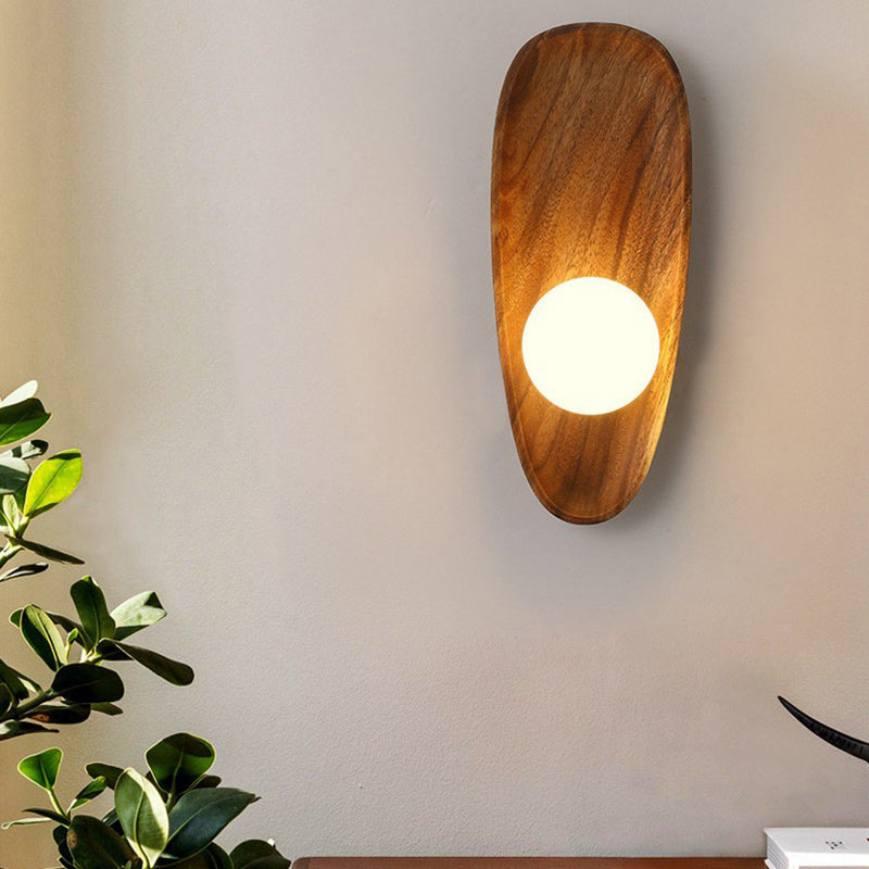 Traditional Japanese Oval Wood Glass LED Wall Sconce Lamp For Living Room