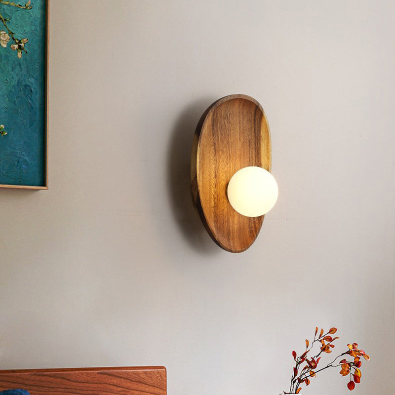 Traditional Japanese Oval Wood Glass LED Wall Sconce Lamp For Living Room