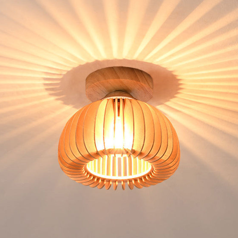 Traditional Japanese Round Iron Wood 1-Light Semi-Flush Mount Ceiling Light For Living Room