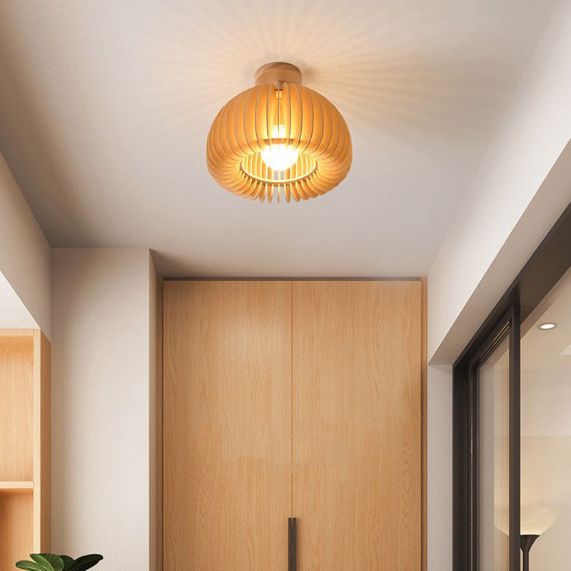 Traditional Japanese Round Iron Wood 1-Light Semi-Flush Mount Ceiling Light For Living Room