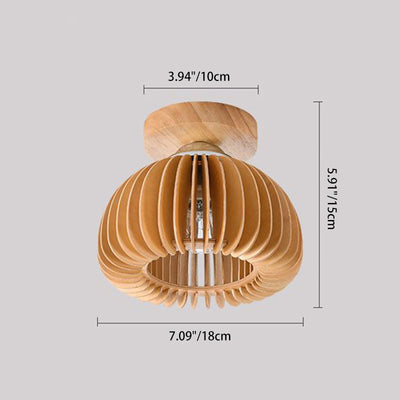 Traditional Japanese Round Iron Wood 1-Light Semi-Flush Mount Ceiling Light For Living Room