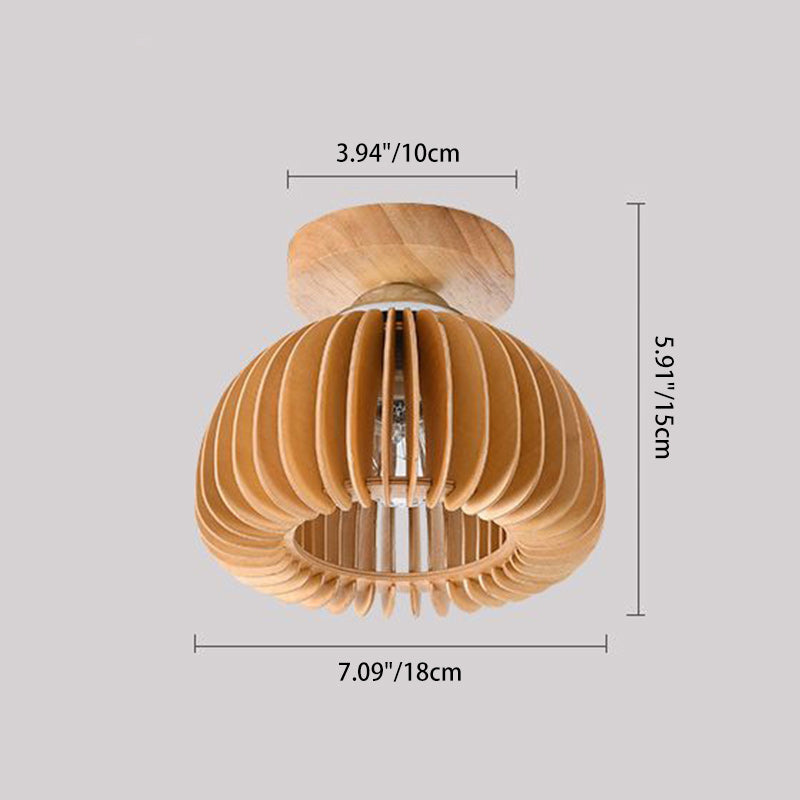 Traditional Japanese Round Iron Wood 1-Light Semi-Flush Mount Ceiling Light For Living Room