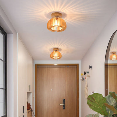 Traditional Japanese Round Iron Wood 1-Light Semi-Flush Mount Ceiling Light For Living Room