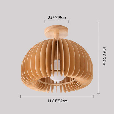 Traditional Japanese Round Iron Wood 1-Light Semi-Flush Mount Ceiling Light For Living Room