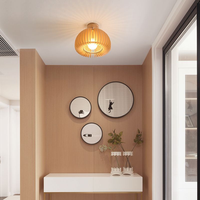 Traditional Japanese Round Iron Wood 1-Light Semi-Flush Mount Ceiling Light For Living Room