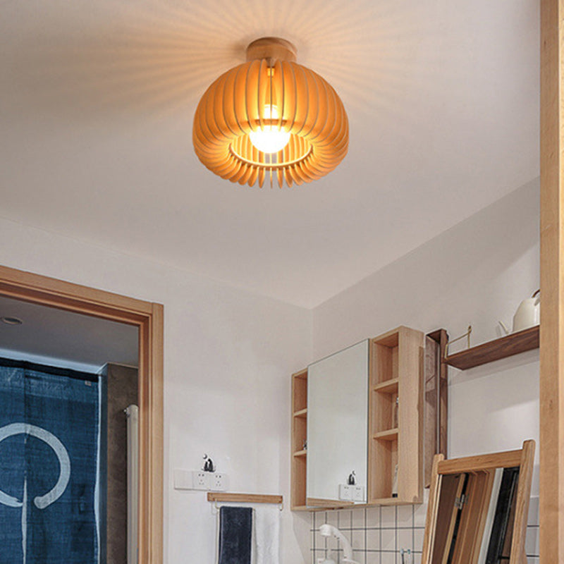 Traditional Japanese Round Iron Wood 1-Light Semi-Flush Mount Ceiling Light For Living Room