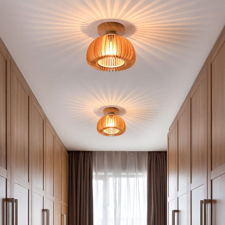 Plafonnier semi-encastré rond en fer et bois japonais traditionnel à 1 lumière pour salon 