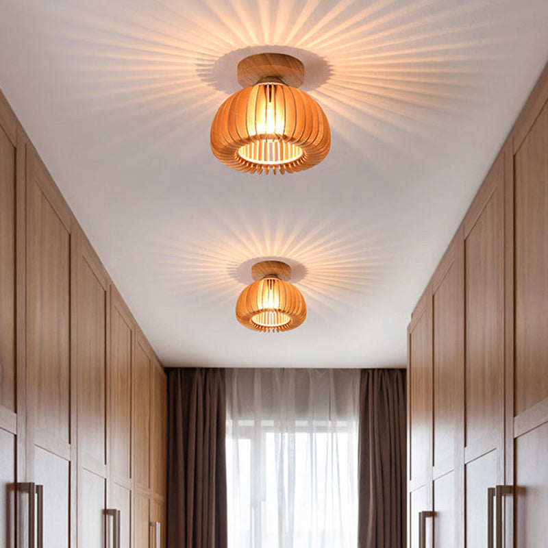 Traditional Japanese Round Iron Wood 1-Light Semi-Flush Mount Ceiling Light For Living Room