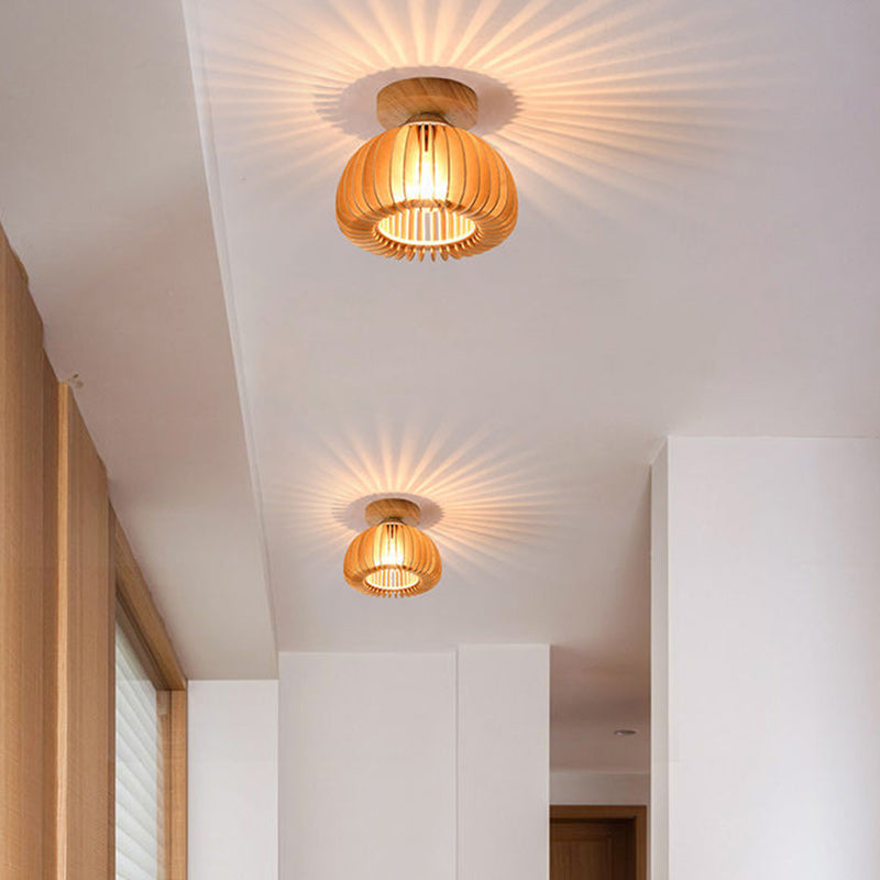 Traditional Japanese Round Iron Wood 1-Light Semi-Flush Mount Ceiling Light For Living Room