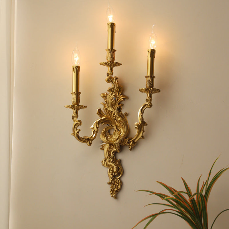 Lámpara Aplique de Pared de Columna Europea Tradicional de Cobre con 2/3 Luces para Sala de Estar 
