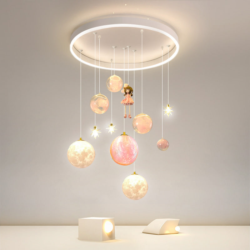 Plafonnier contemporain créatif pour petite fille astronaute en silicone, fer et résine avec 6 lumières pour le salon 
