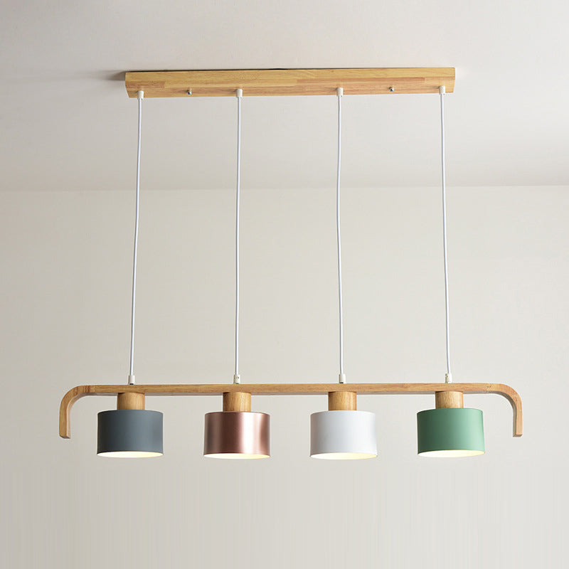 Lustre contemporain nordique en cylindre de bois de fer 3/4 lumières pour salle à manger 