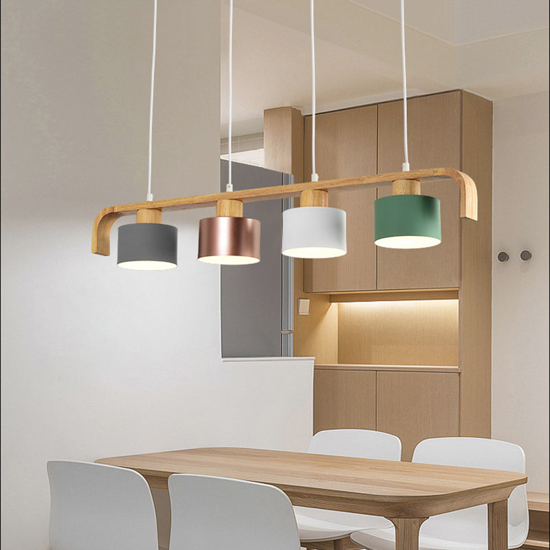 Lustre contemporain nordique en cylindre de bois de fer 3/4 lumières pour salle à manger 