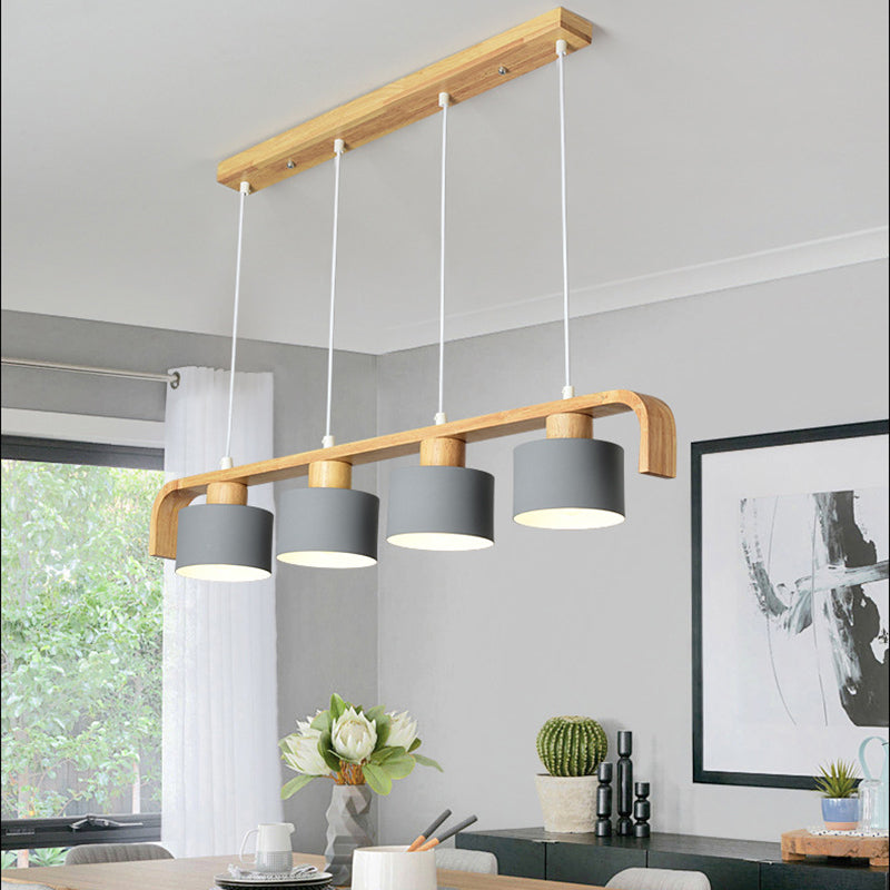 Lustre contemporain nordique en cylindre de bois de fer 3/4 lumières pour salle à manger 