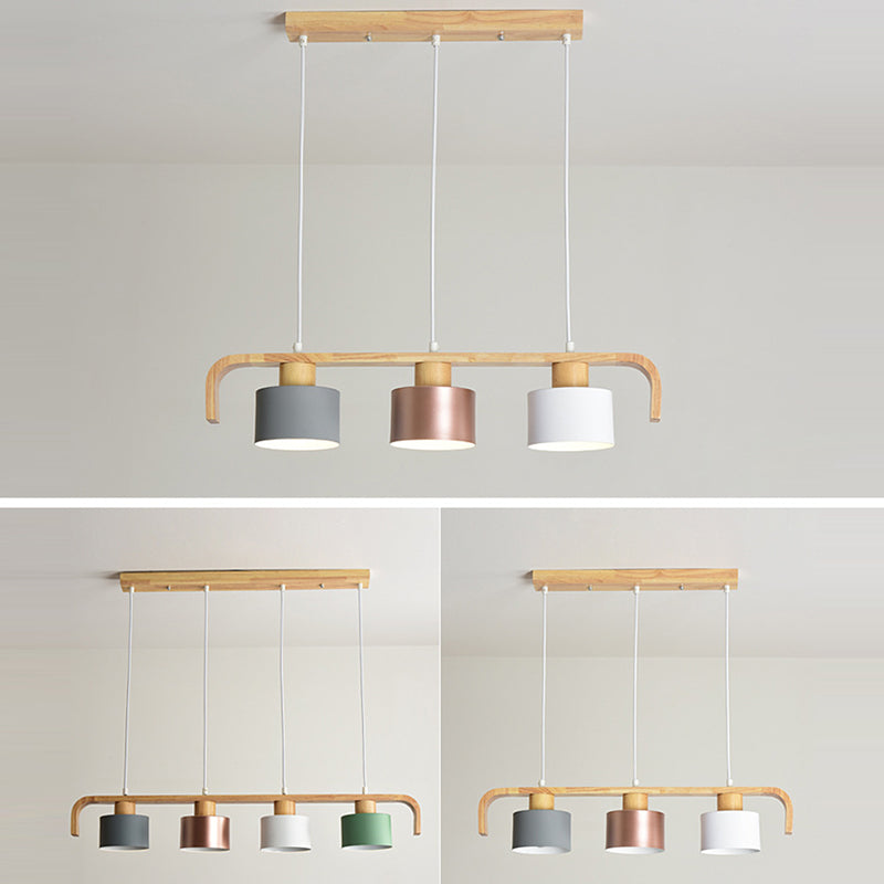 Lustre contemporain nordique en cylindre de bois de fer 3/4 lumières pour salle à manger 