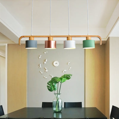 Lustre contemporain nordique en cylindre de bois de fer 3/4 lumières pour salle à manger 