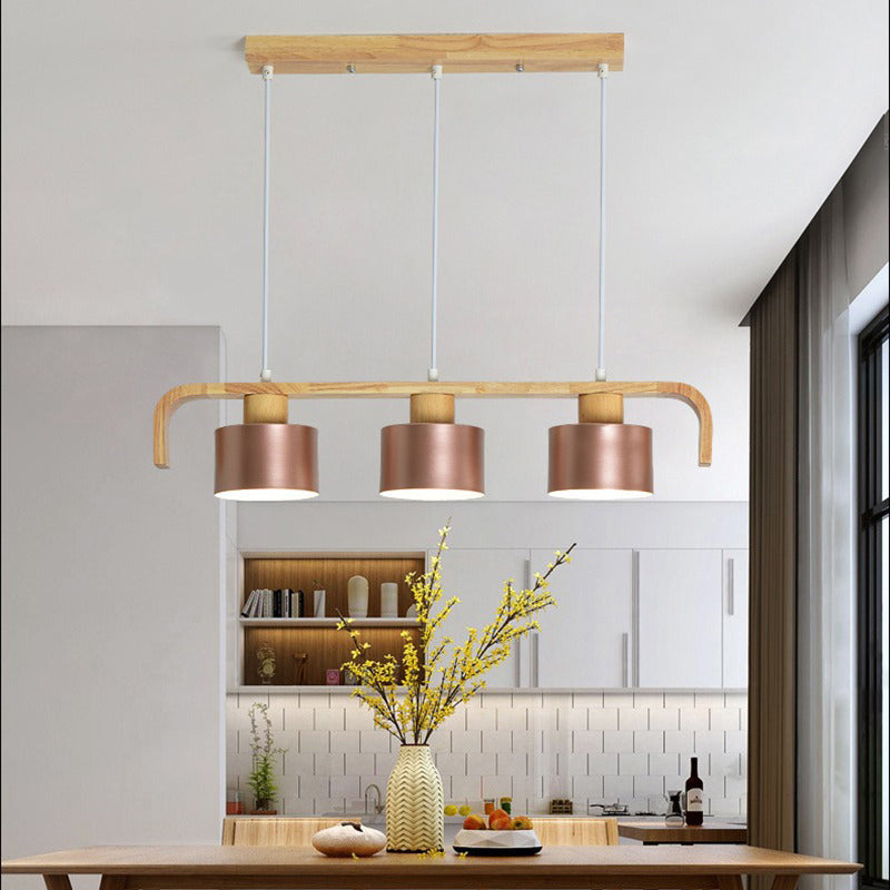 Lustre contemporain nordique en cylindre de bois de fer 3/4 lumières pour salle à manger 