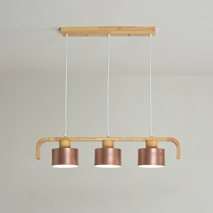 Contemporary Nordic Cylinder Iron Wood 3/4-Light Chandeliers Island Light For Dining Room