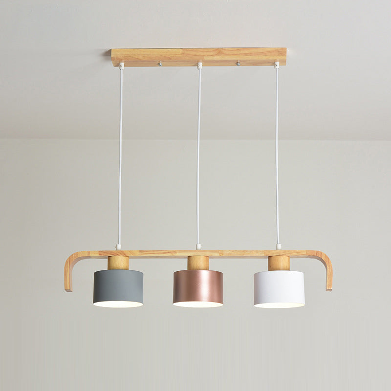 Lustre contemporain nordique en cylindre de bois de fer 3/4 lumières pour salle à manger 