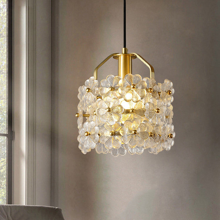 Traditional French Flower Petal Round Hardware Glass 1-Light Pendant Light For Bedroom