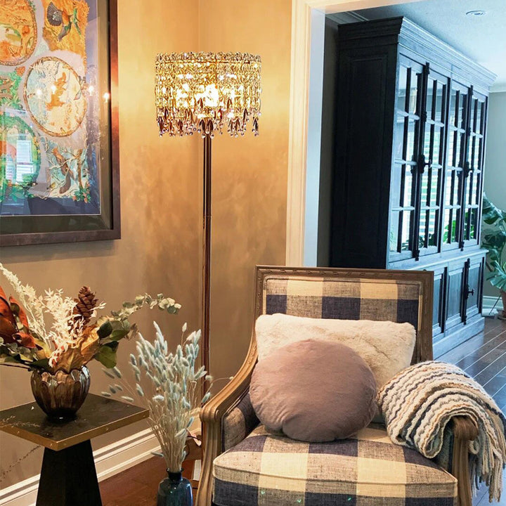 Traditional Luxury Round Crystal Stainless Steel Iron 1-Light Standing Floor Lamp For Bedroom