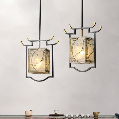 Traditionelle chinesische Laterne quadratisch glasiert Malerei Kupfer Glas 1-Licht Pendelleuchte für Schlafzimmer 