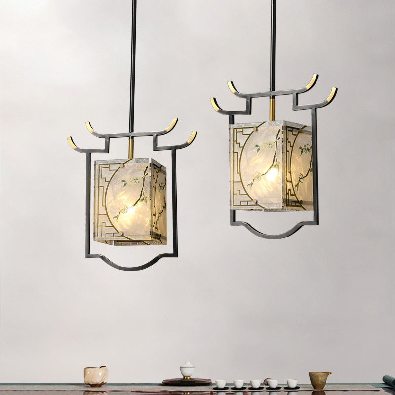 Traditionelle chinesische Laterne quadratisch glasiert Malerei Kupfer Glas 1-Licht Pendelleuchte für Schlafzimmer 