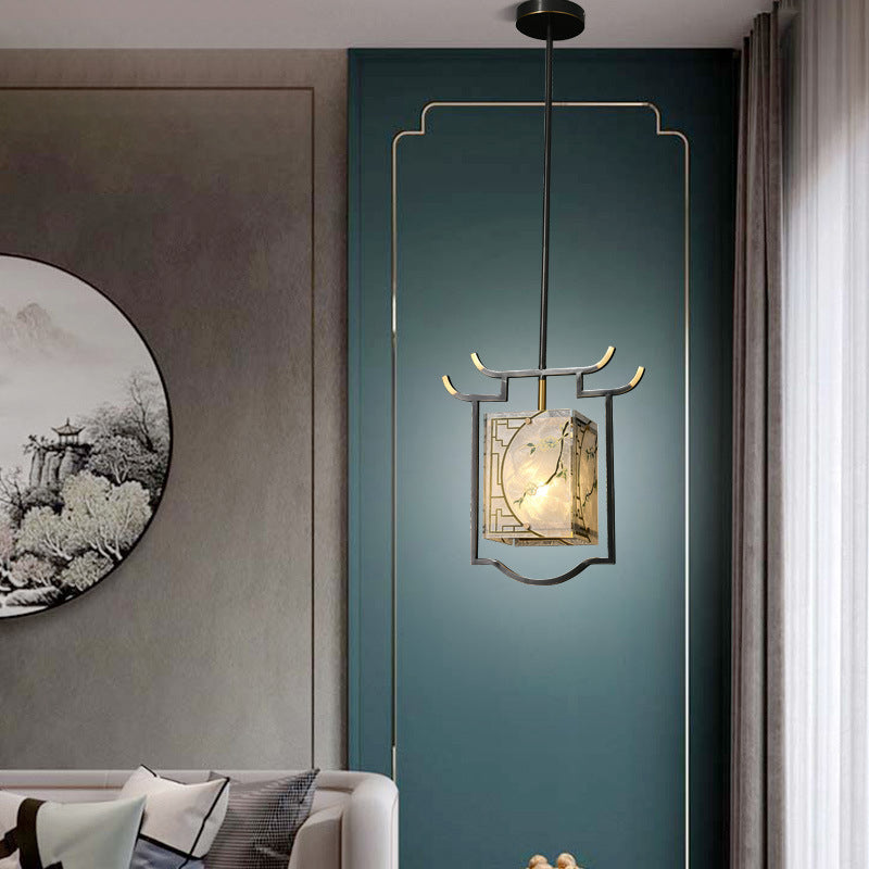 Traditionelle chinesische Laterne quadratisch glasiert Malerei Kupfer Glas 1-Licht Pendelleuchte für Schlafzimmer 