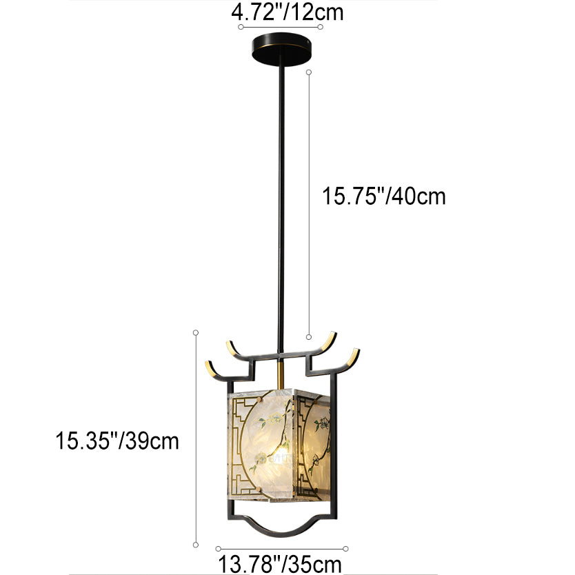 Lanterne chinoise traditionnelle carrée en verre émaillé peinture cuivre verre 1-lumière suspension pour chambre 