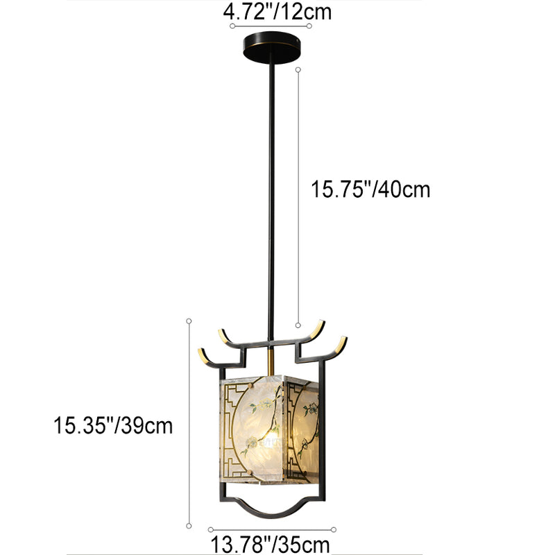 Traditionelle chinesische Laterne quadratisch glasiert Malerei Kupfer Glas 1-Licht Pendelleuchte für Schlafzimmer 