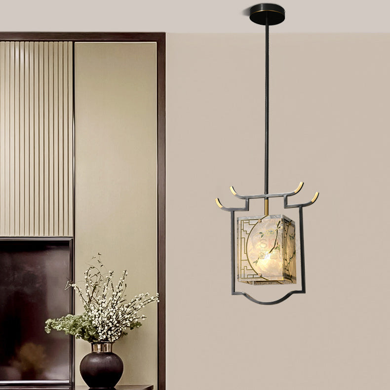 Traditionelle chinesische Laterne quadratisch glasiert Malerei Kupfer Glas 1-Licht Pendelleuchte für Schlafzimmer 