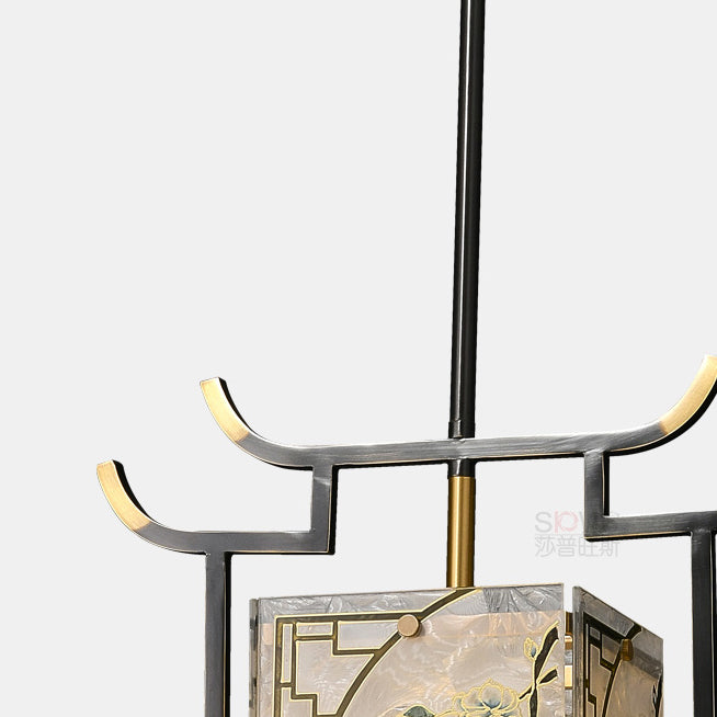 Lanterne chinoise traditionnelle carrée en verre émaillé peinture cuivre verre 1-lumière suspension pour chambre 