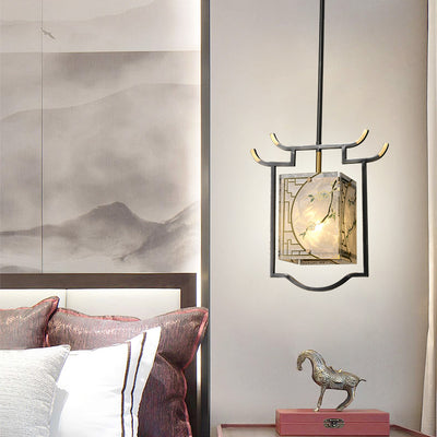Traditionelle chinesische Laterne quadratisch glasiert Malerei Kupfer Glas 1-Licht Pendelleuchte für Schlafzimmer 