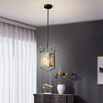 Traditionelle chinesische Laterne quadratisch glasiert Malerei Kupfer Glas 1-Licht Pendelleuchte für Schlafzimmer 