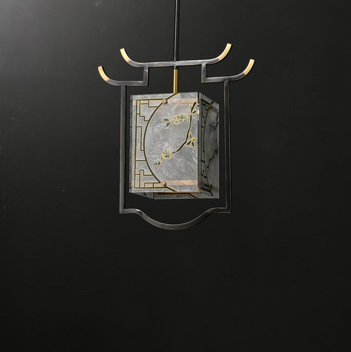 Lanterne chinoise traditionnelle carrée en verre émaillé peinture cuivre verre 1-lumière suspension pour chambre 