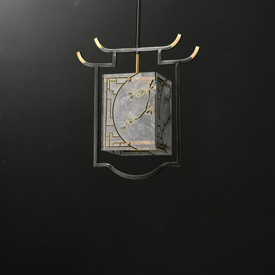 Traditionelle chinesische Laterne quadratisch glasiert Malerei Kupfer Glas 1-Licht Pendelleuchte für Schlafzimmer 