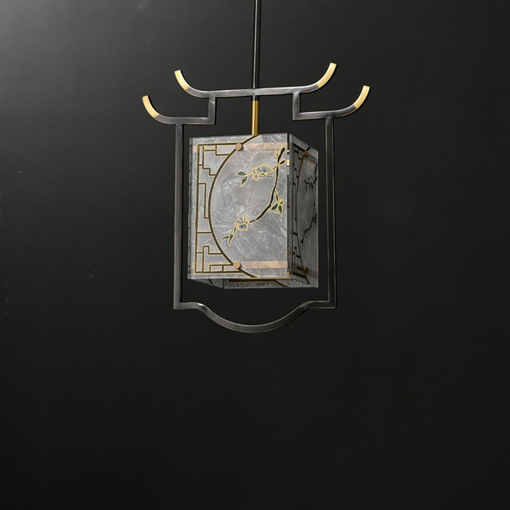 Traditionelle chinesische Laterne quadratisch glasiert Malerei Kupfer Glas 1-Licht Pendelleuchte für Schlafzimmer 