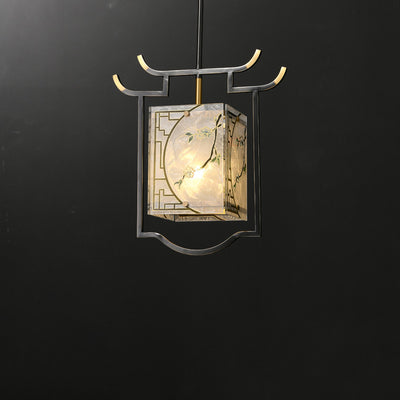 Traditionelle chinesische Laterne quadratisch glasiert Malerei Kupfer Glas 1-Licht Pendelleuchte für Schlafzimmer 