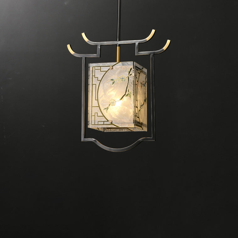 Traditionelle chinesische Laterne quadratisch glasiert Malerei Kupfer Glas 1-Licht Pendelleuchte für Schlafzimmer 