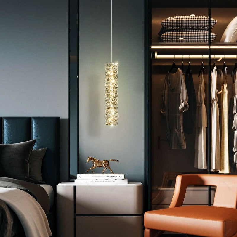 Lustre à LED moderne en spirale en acier inoxydable avec cylindre en cristal pour chambre 