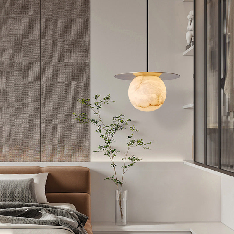 Lámpara colgante moderna Art Deco redonda de cobre con piedra de 1 luz para sala de estar 