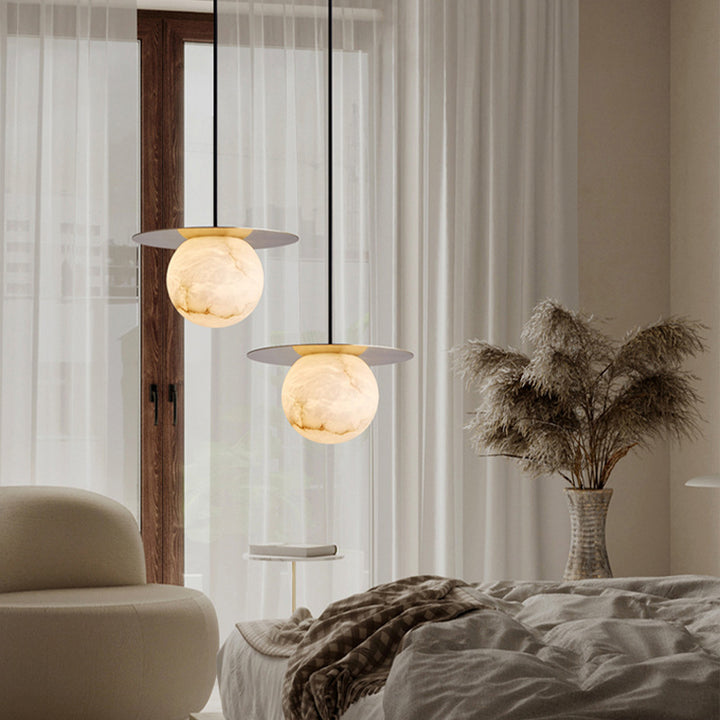 Lámpara colgante moderna Art Deco redonda de cobre con piedra de 1 luz para sala de estar 