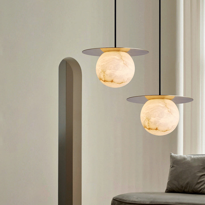 Lámpara colgante moderna Art Deco redonda de cobre con piedra de 1 luz para sala de estar 