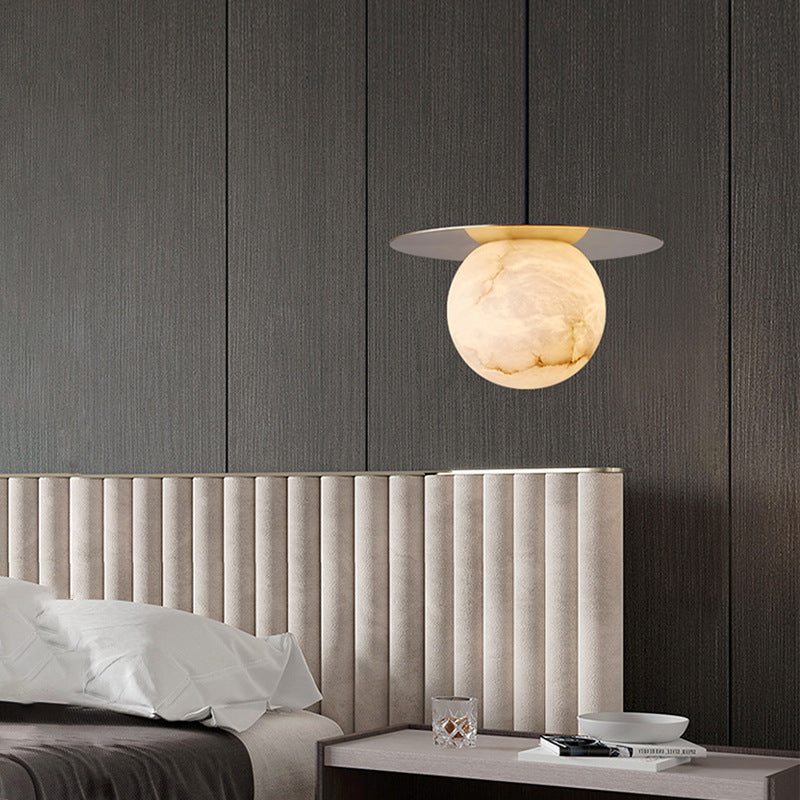 Lámpara colgante moderna Art Deco redonda de cobre con piedra de 1 luz para sala de estar 