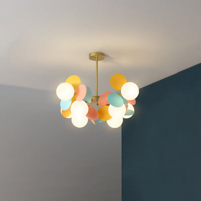 Zeitgenössischer nordischer Kronleuchter aus Metall, Acryl, bunt, Blumenzweig, runde Glaskugel, 5/6/8/10/12/15 Lichter für Wohnzimmer 